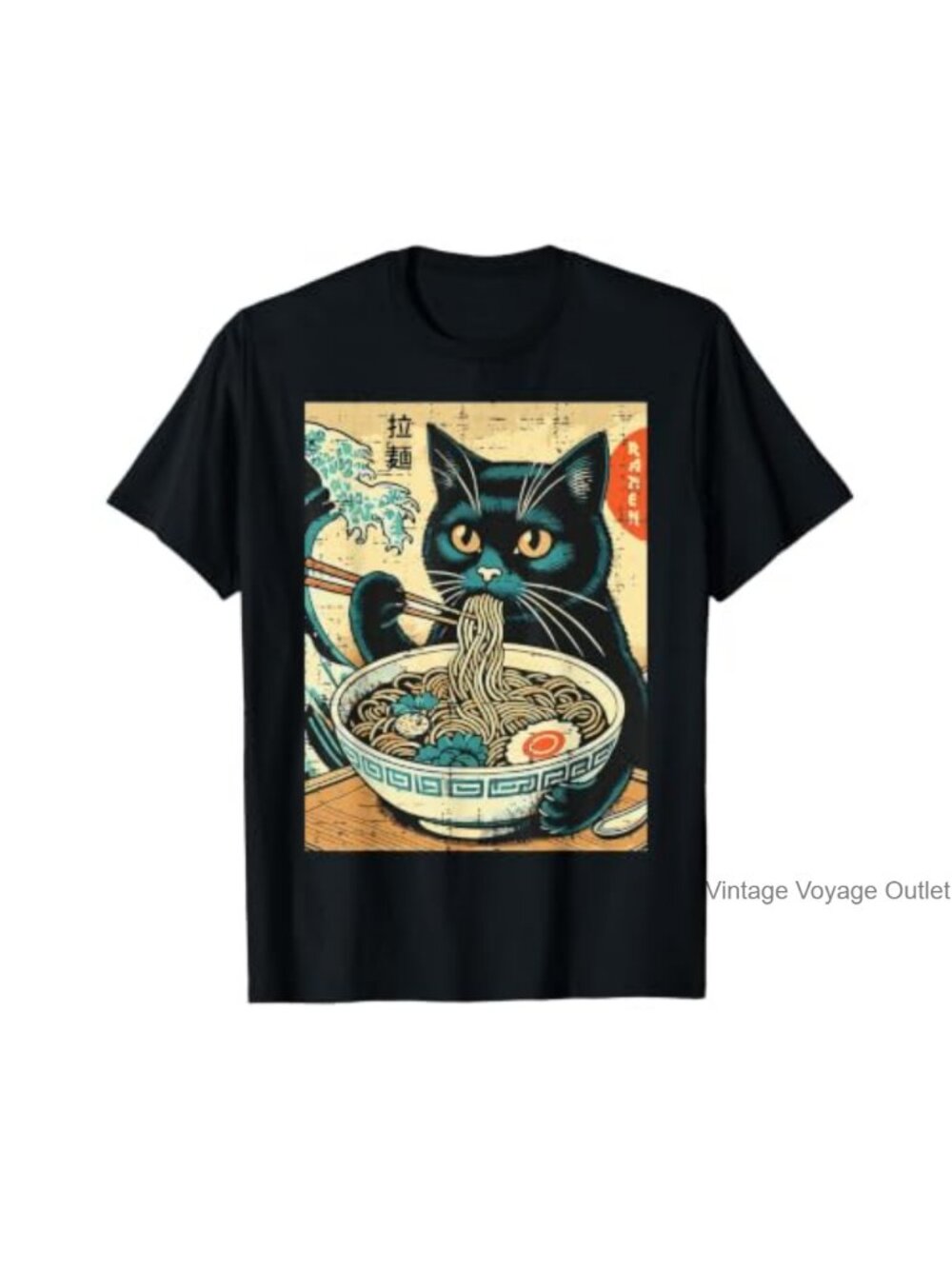 Japanese Cat Ramen Great Wave Art Graphic T-Shirt Men's Tee